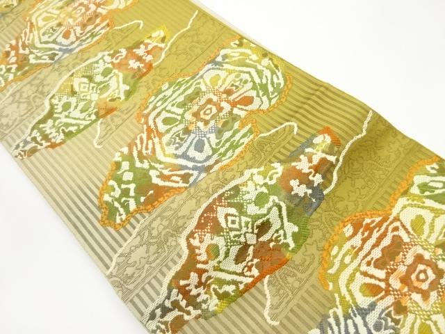 縞に抽象華文・花唐草模様織出し名古屋帯